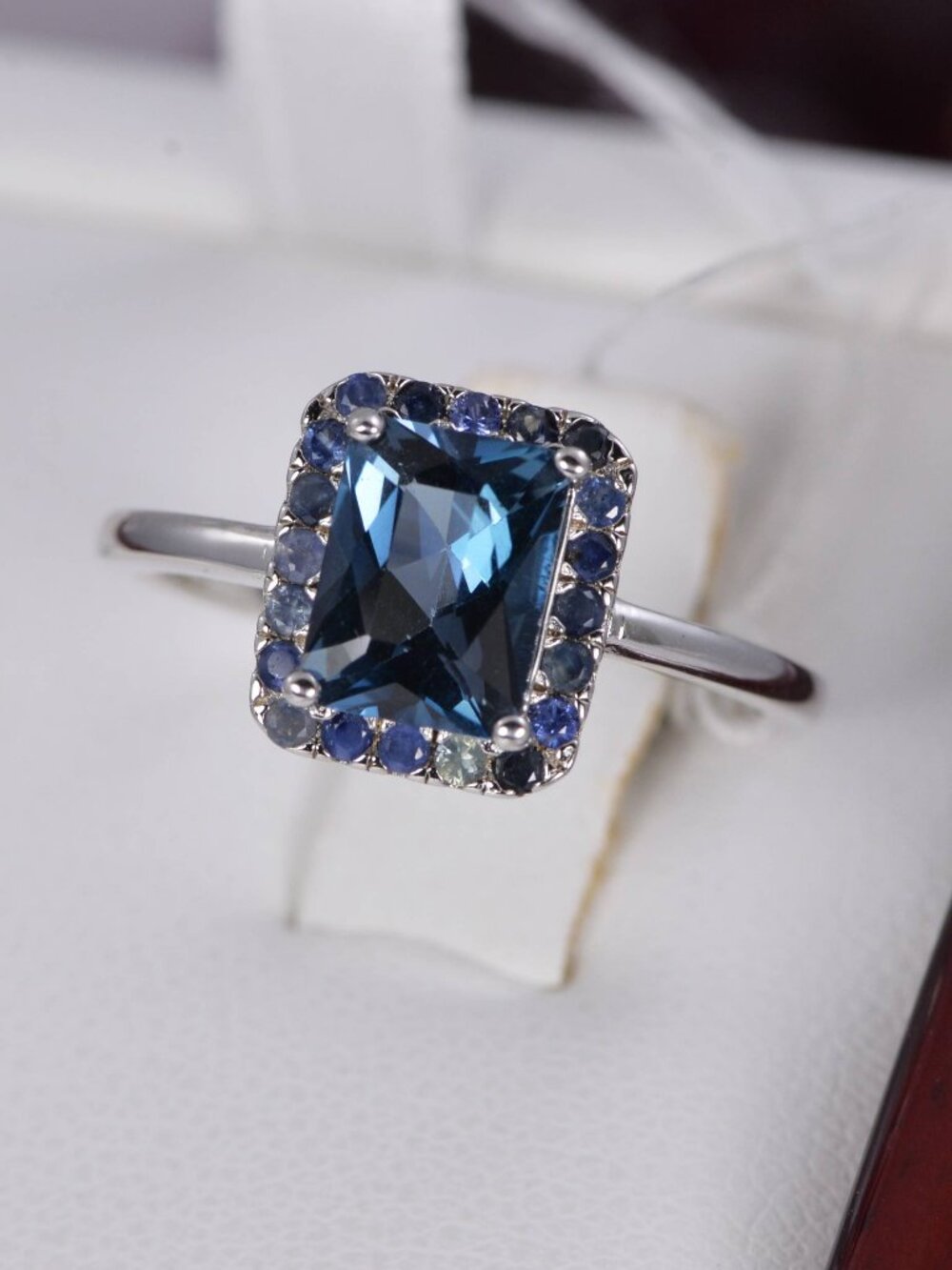 Natural Halo Sapphire and Natural London Blue Sterling Silver Ring, sz 7